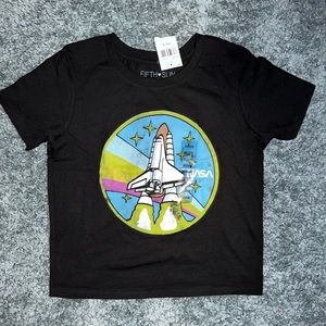 kids shirt in black with a spaceship on it